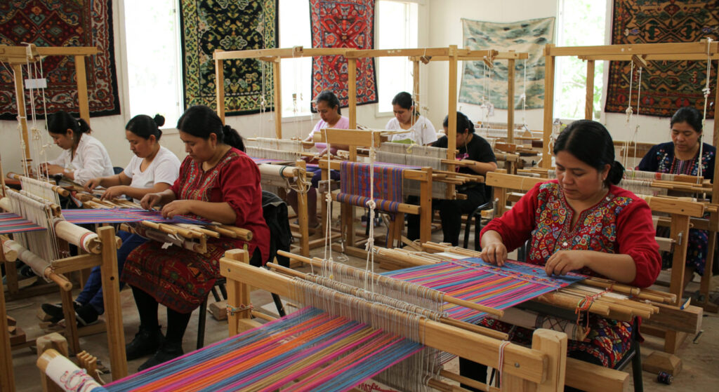 Mujeres tejiendo textiles tradicionales en un taller comunitario