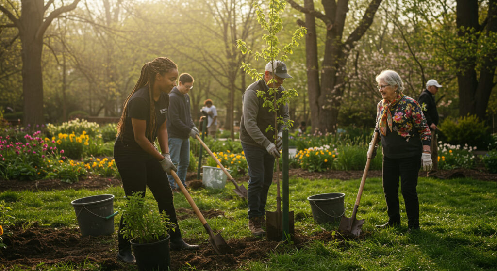 Un grupo de personas plantando árboles en un parque