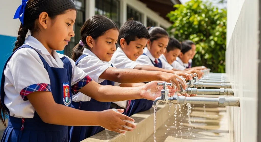 Niños lavándose las manos en la escuela