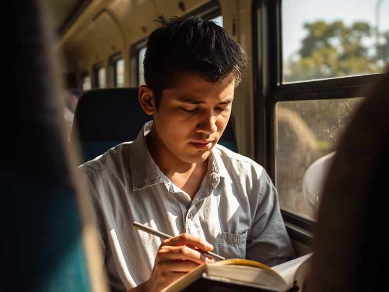 Joven guatemalteco estudiando durante un traslado largo hacia la universidad.