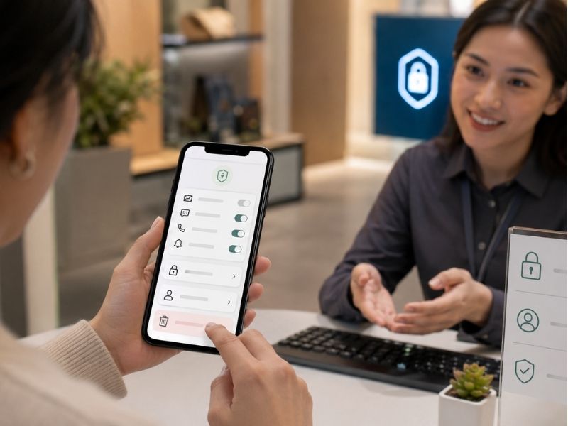 Cliente gestionando preferencias, permisos y eliminación de datos dentro de un programa de lealtad con privacidad por diseño.