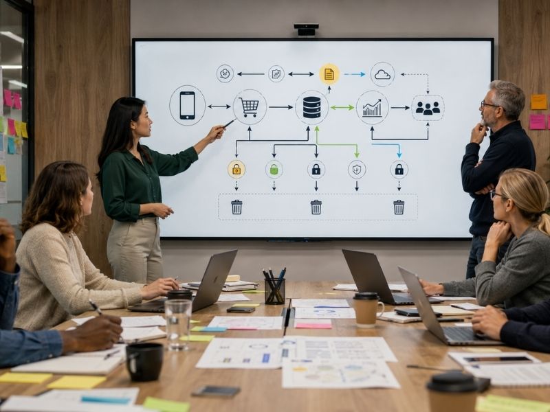 Alt text: Equipo mapeando el recorrido de los datos en un programa de lealtad, incluidos sistemas, proveedores, accesos y puntos de eliminación.
