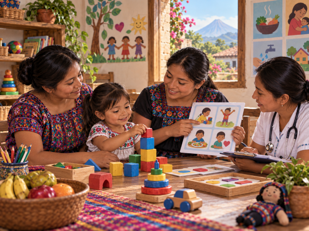 Familia, educadora y profesional de salud participan en una actividad de desarrollo infantil y atención a la primera infancia en Guatemala.