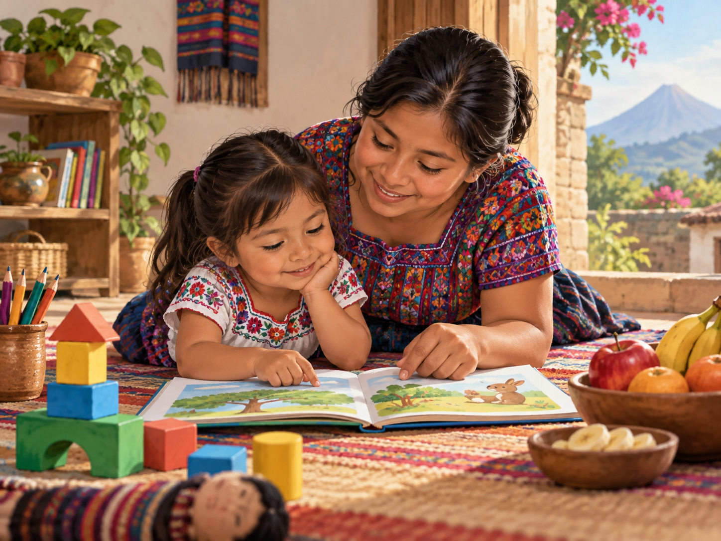 Madre acompaña a una niña durante una actividad de lectura y aprendizaje temprano relacionada con la primera infancia en Guatemala.