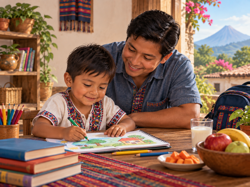 Padre acompaña a un niño en una actividad educativa con materiales de aprendizaje y alimentos saludables para favorecer su desarrollo integral.