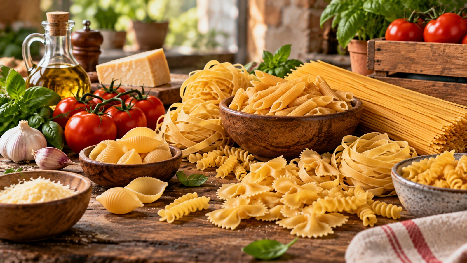 Variedad de pastas, ingredientes frescos y elementos de la cocina mediterránea.