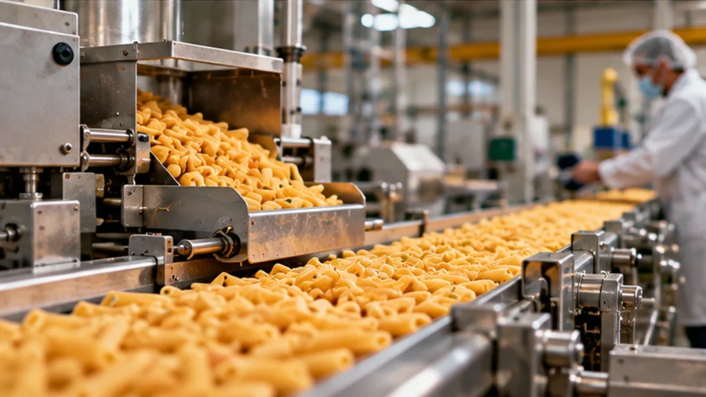 Maquinaria procesando pasta en una línea de producción industrial.