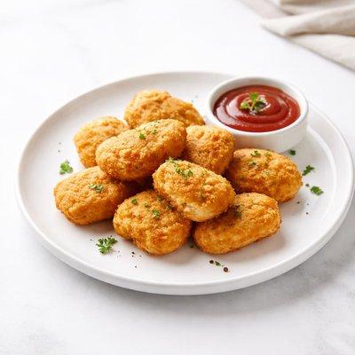 Nuggets de pollo empanizados con cobertura dorada y crujiente, servidos en un plato blanco con salsa para acompañar.